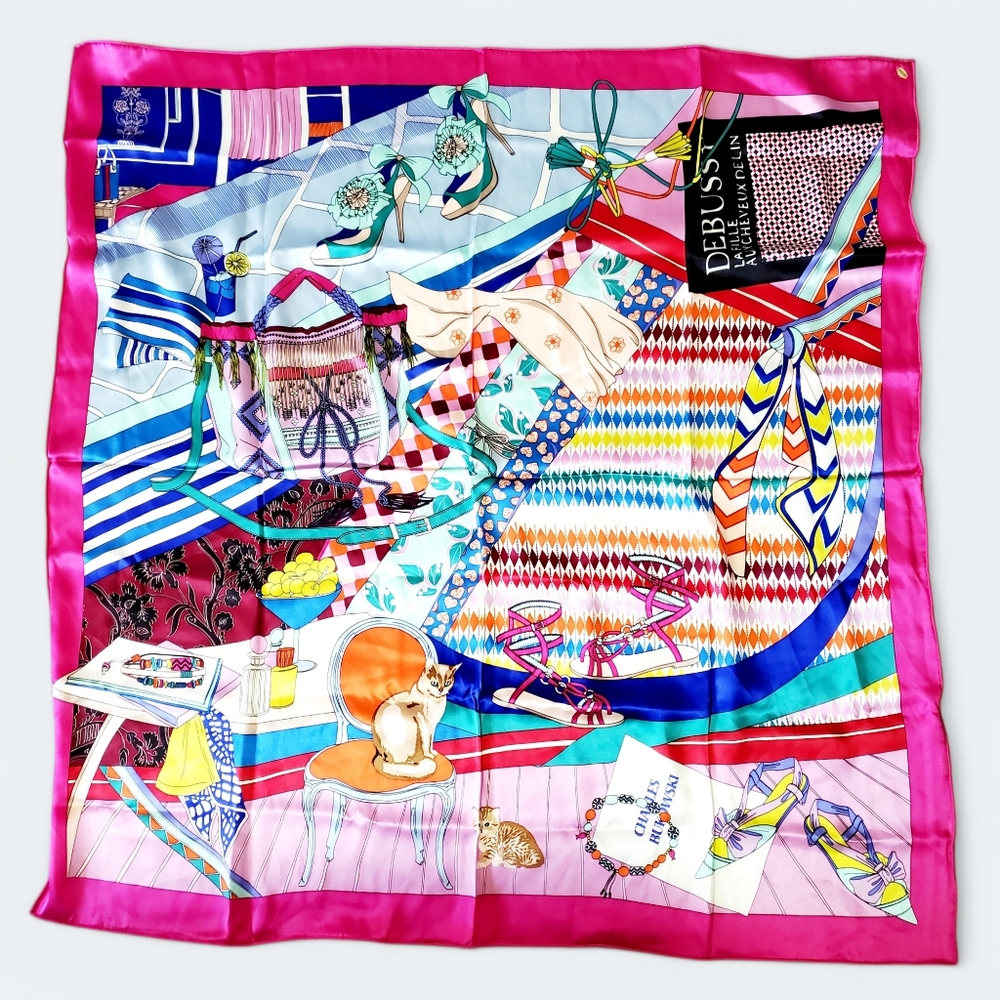 Aurora Pure Silk Large Artsy Feminine Cat Print Old Money Preppy Square Scarf